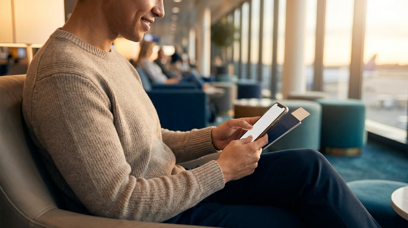 A relaxed traveller calmly completing their visa application on a phone.