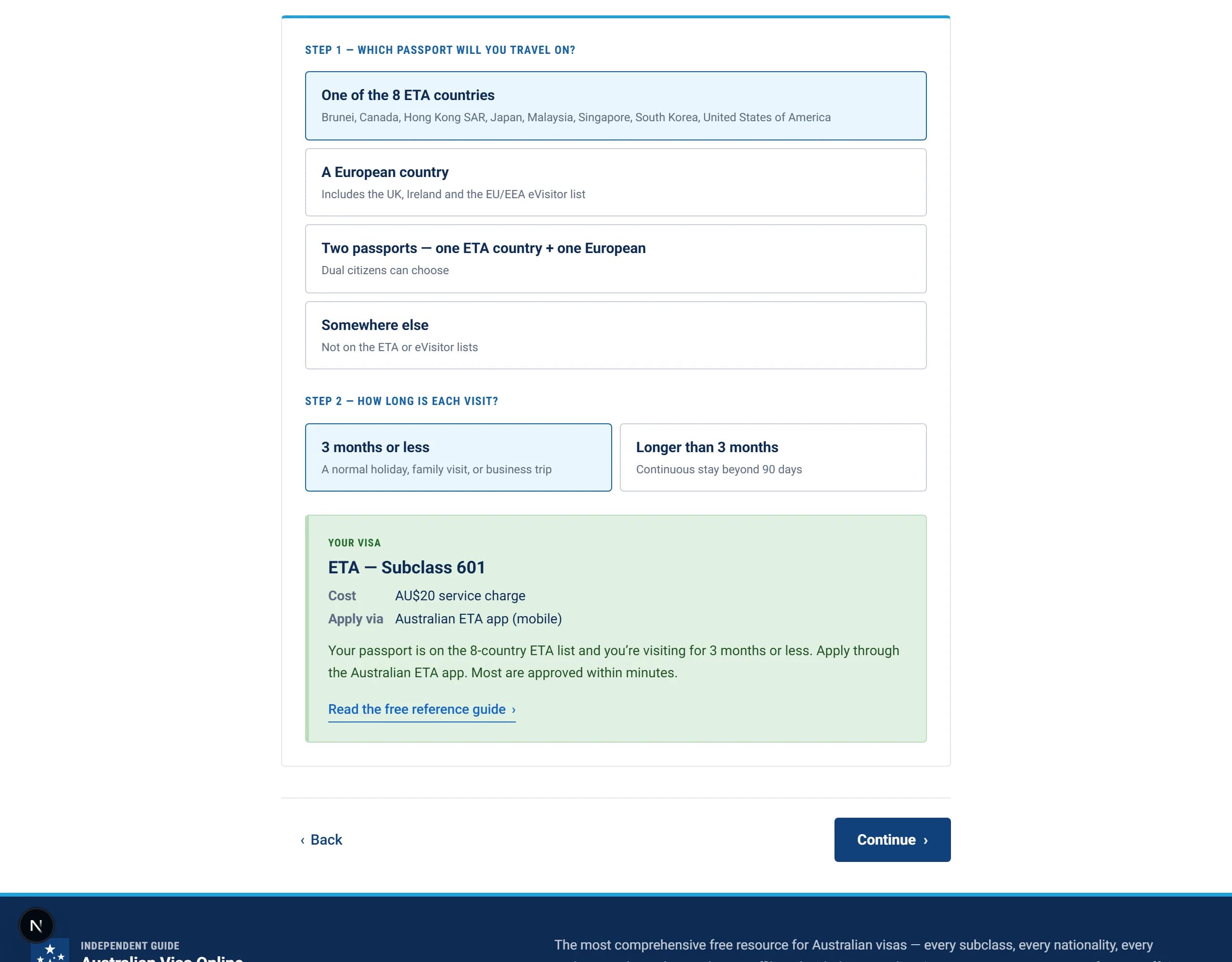 Actual screenshot of the guide's which-visa decision tool with a resolved ETA outcome — the visa, its cost and where to apply.
