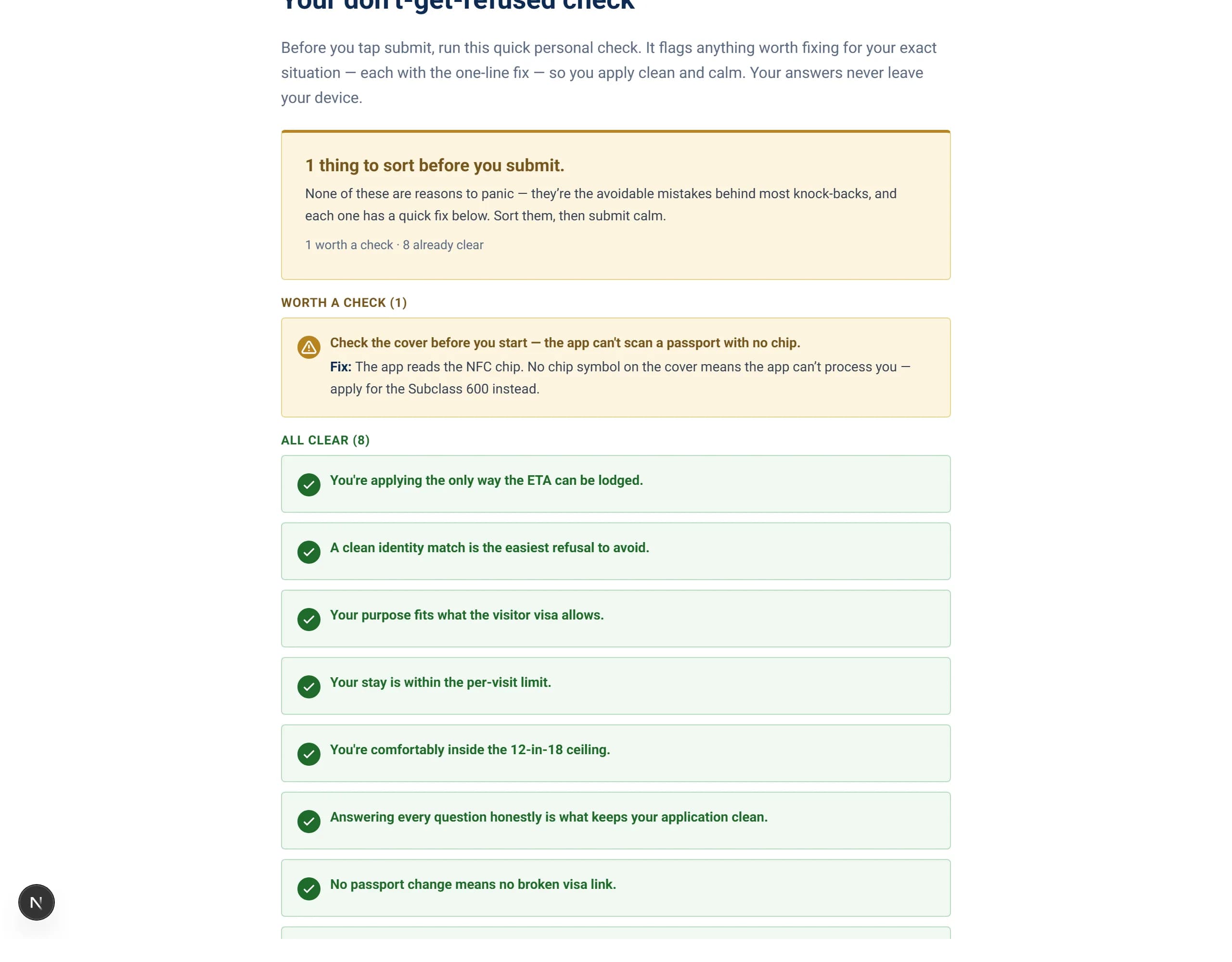 Actual screenshot of the Don't-Get-Refused Check — the pre-submit audit flagging avoidable traps, each with its fix.