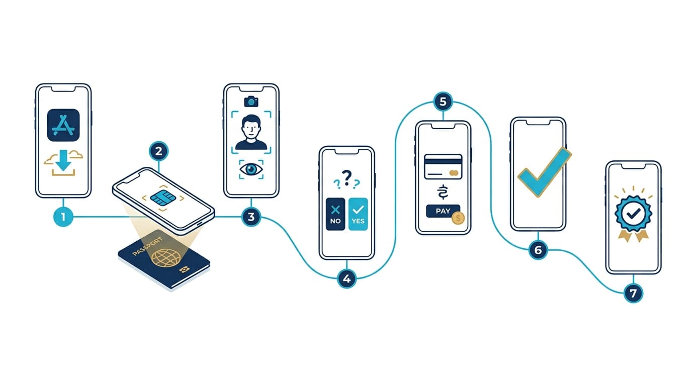 The seven-step ETA journey, from downloading the app to receiving approval.