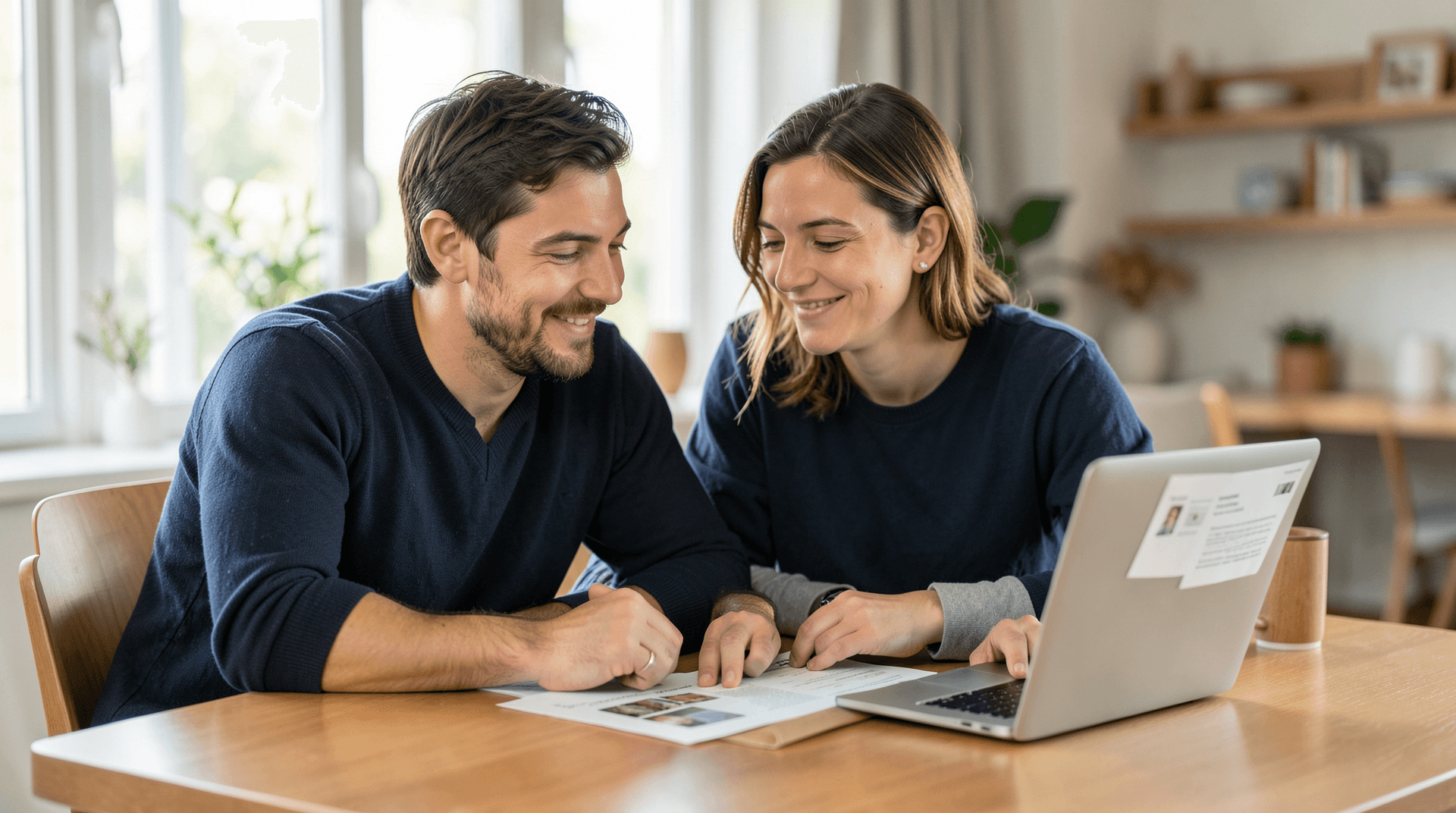 A confident couple assembling their partner-visa evidence file together at a home desk.