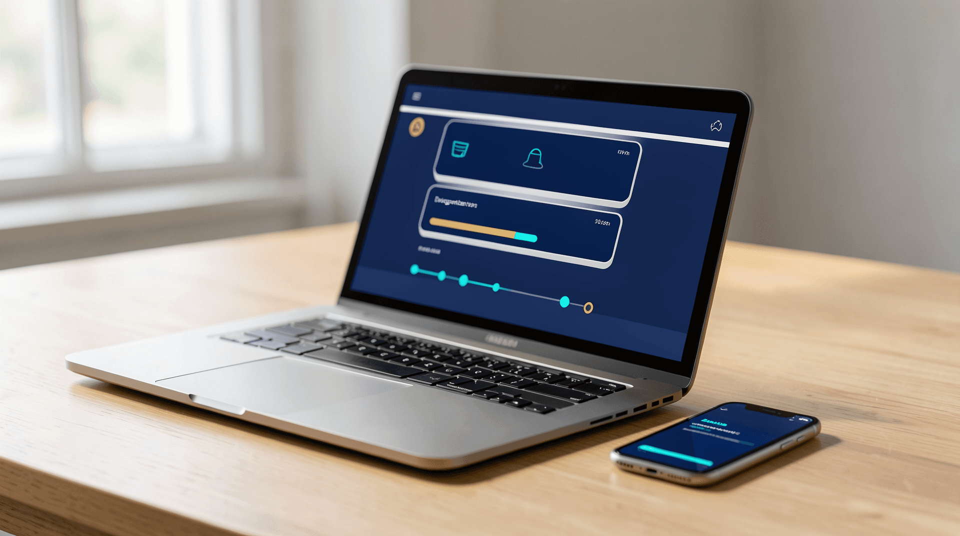The Partner Visa Evidence Toolkit on a laptop and phone, showing the four-pillar evidence checklist with progress bars and a relationship timeline.