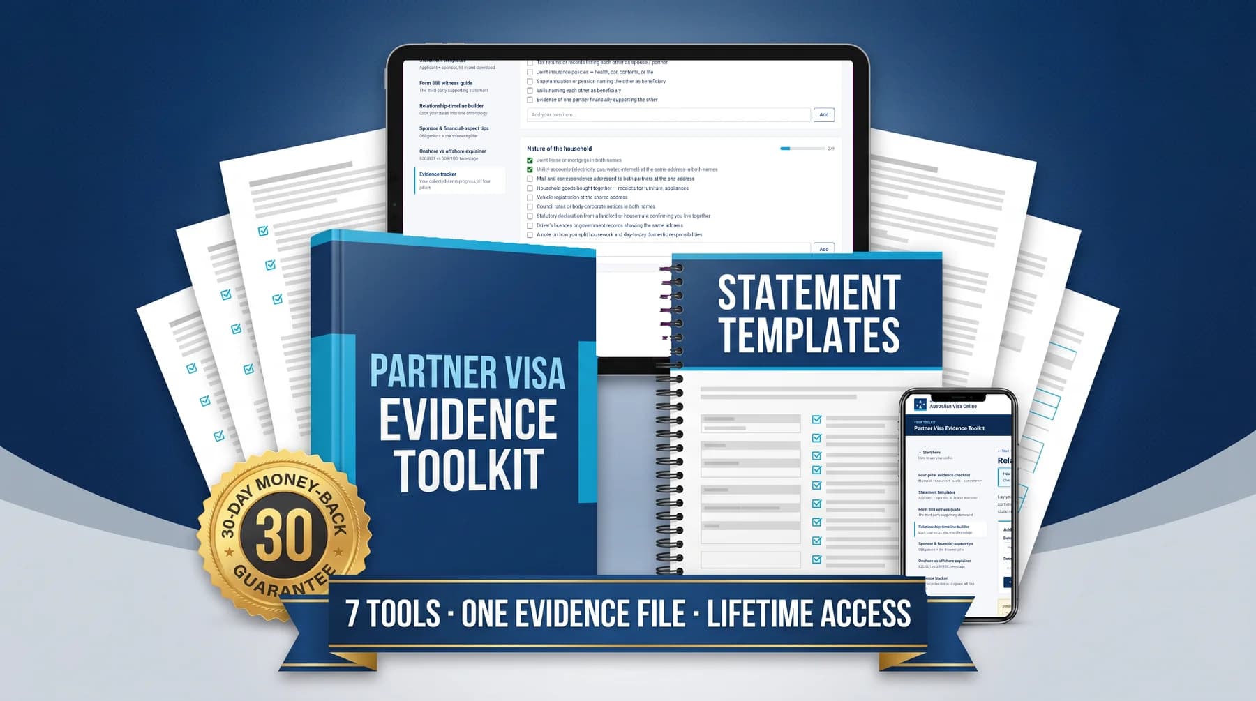 Everything in the Partner Visa Evidence Toolkit: the evidence checklist and timeline builder on real app screens, with the statement templates and witness guides included — shown as an illustrative bundle.
