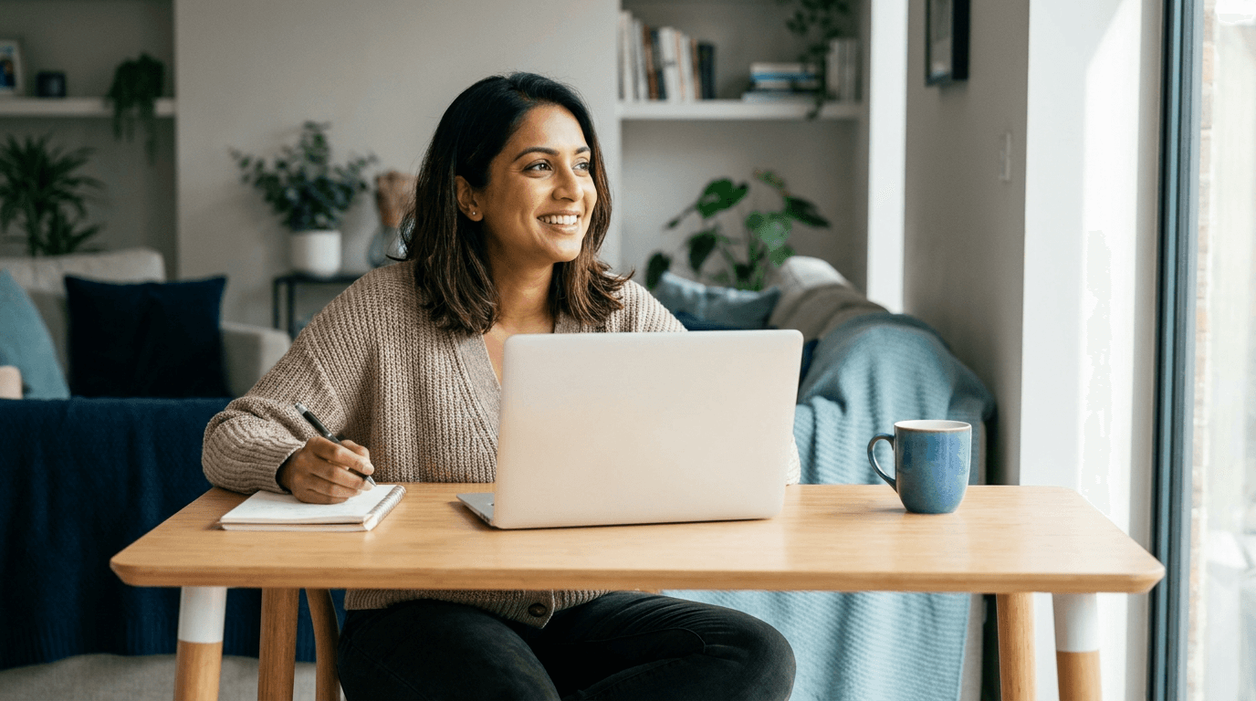 A confident skilled professional working through their migration plan at a home desk.