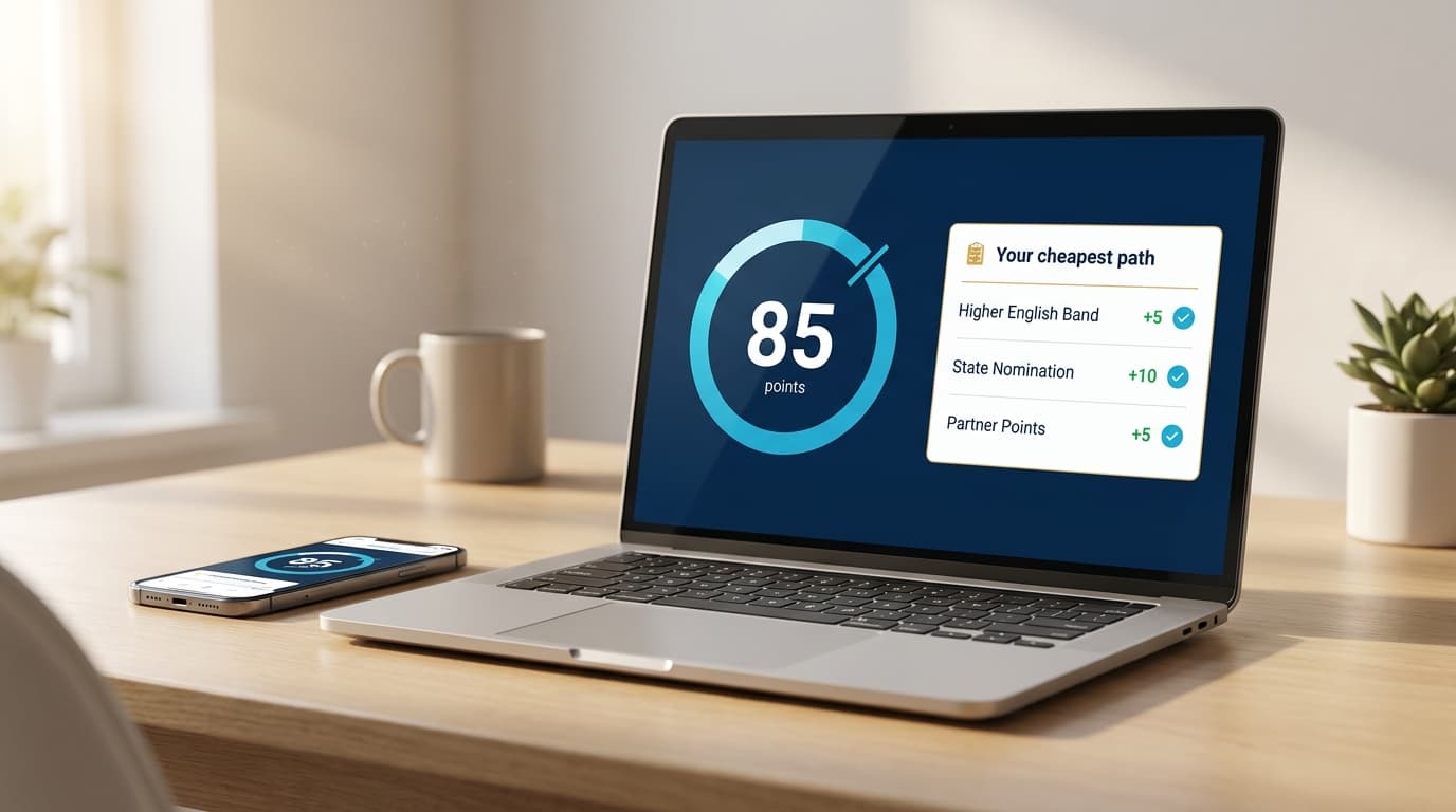 The Skilled Migration Toolkit points calculator on a laptop and phone, showing a score gauge and a ranked cheapest-path list.