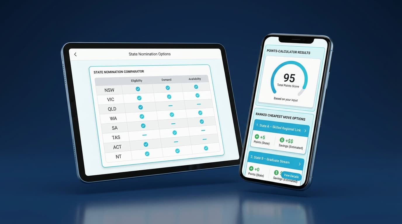 The toolkit on a tablet and phone — the all-8-state nomination comparator and the points-calculator results.