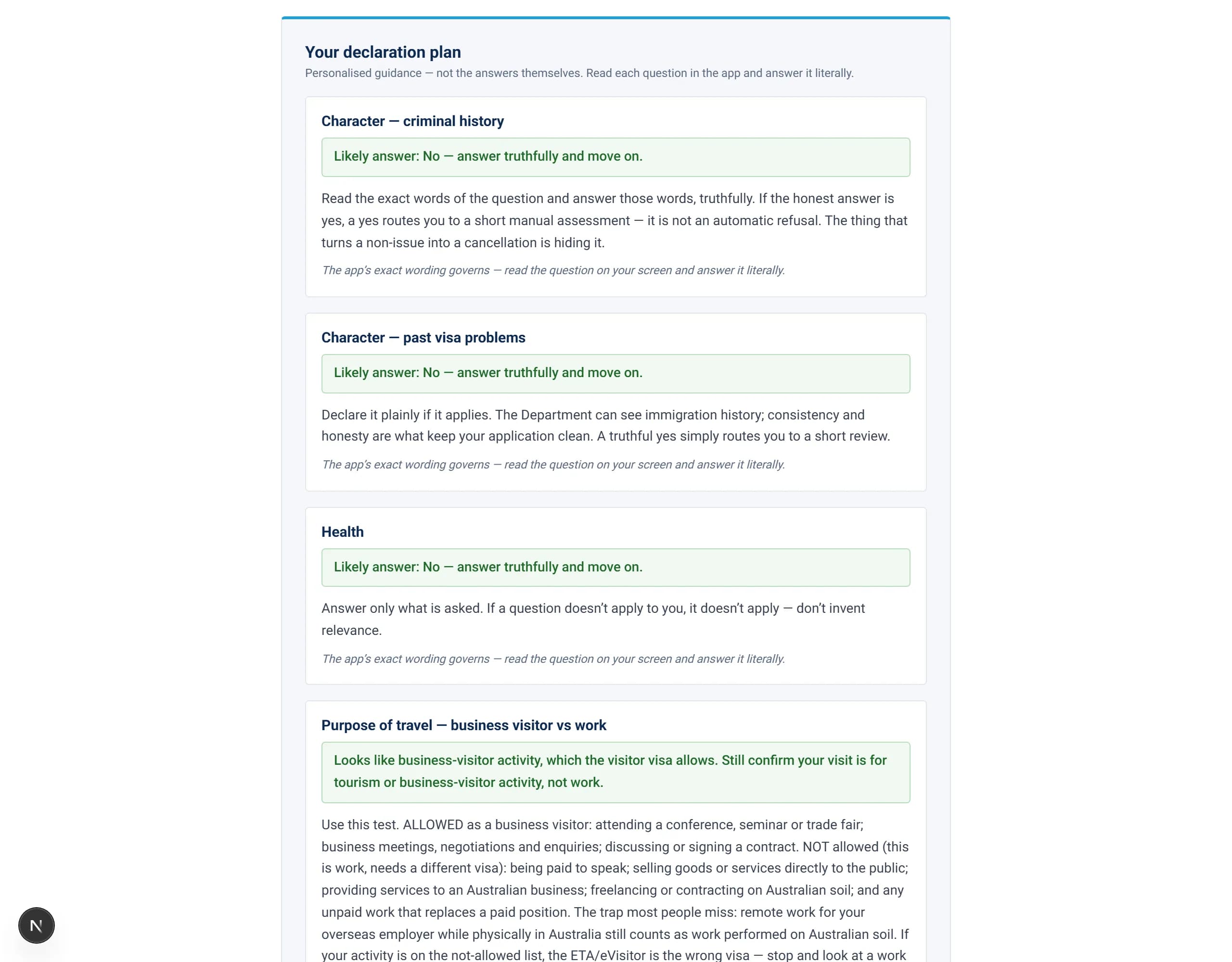 Actual screenshot of the Answer-Builder inside the guide — a personalised, copy-paste declaration plan.
