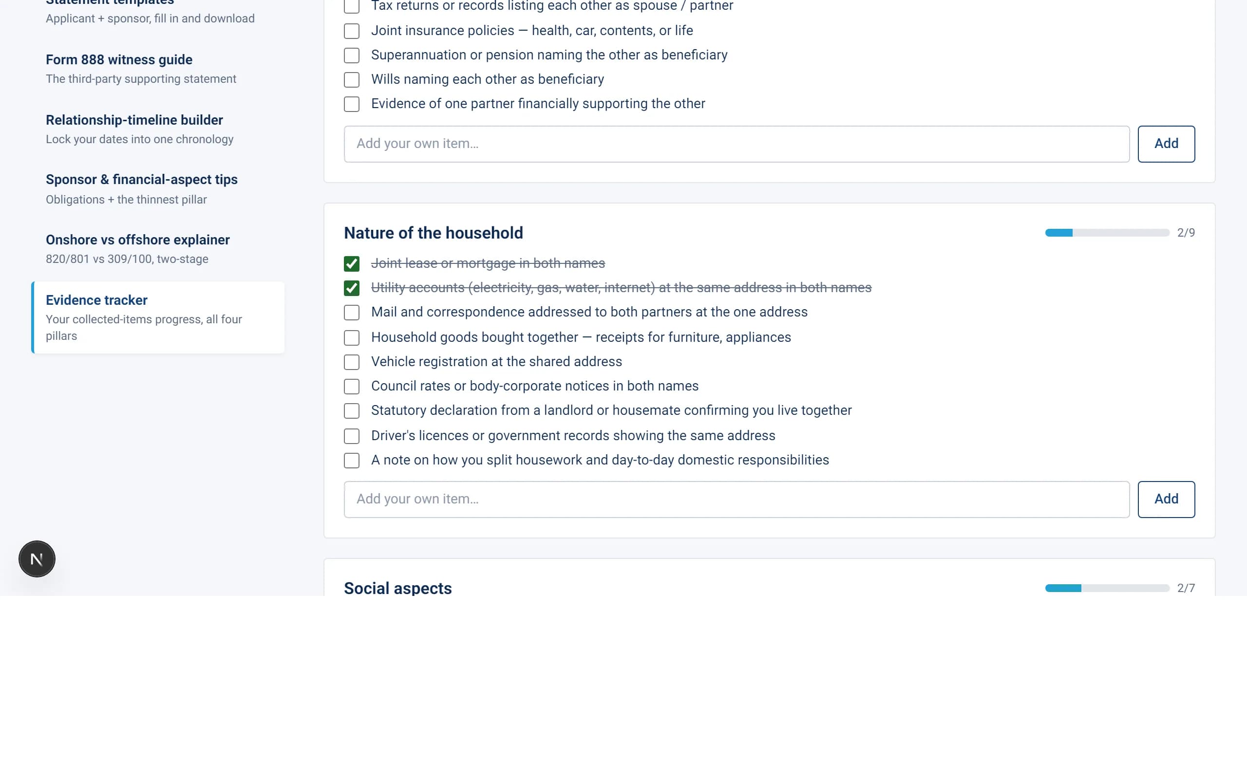 Actual screenshot of the toolkit's evidence tracker — the four pillars with per-pillar coverage bars and ticked items.