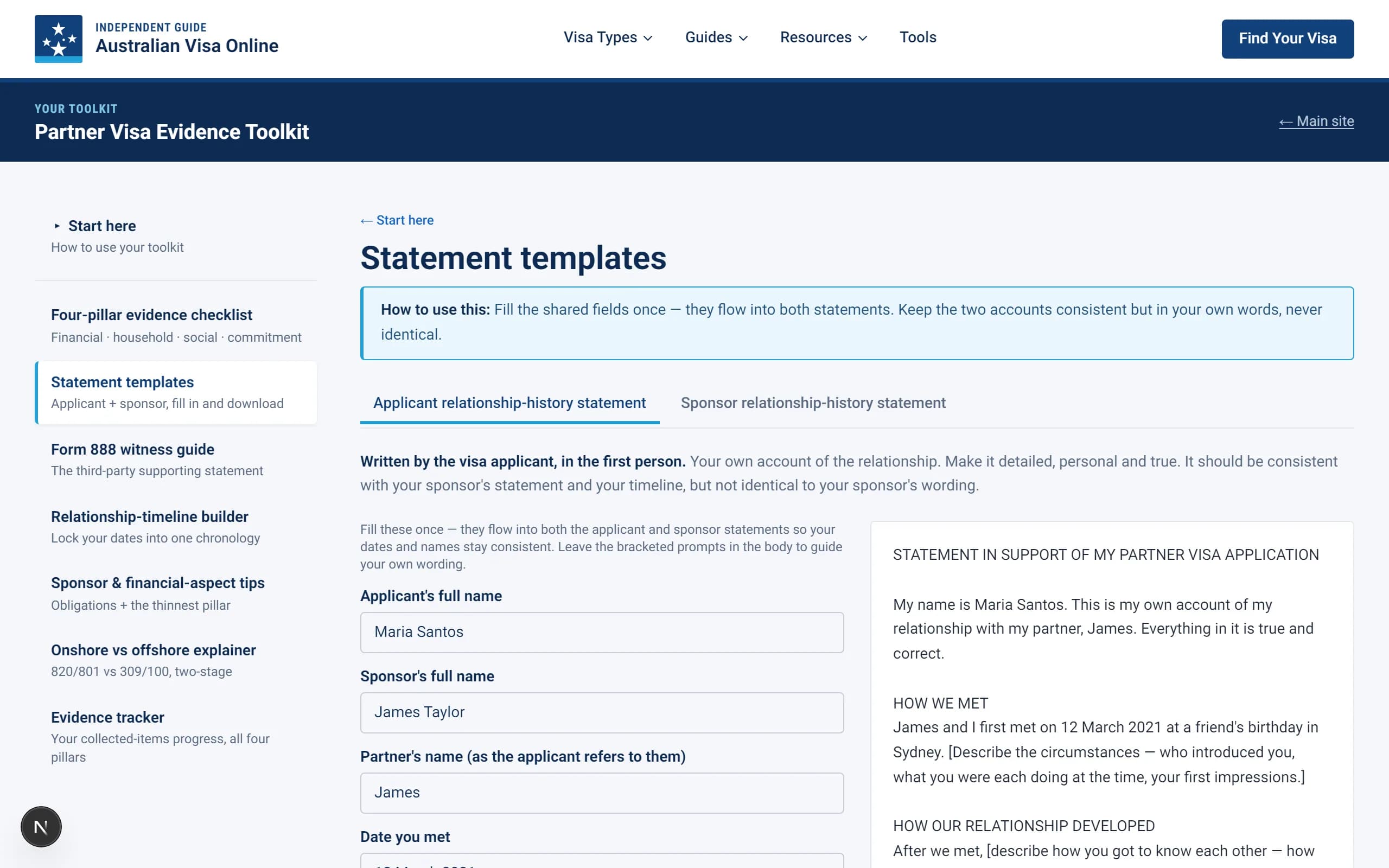 Actual screenshot of the statement builder — shared fields flowing into the applicant and sponsor relationship-history statements.