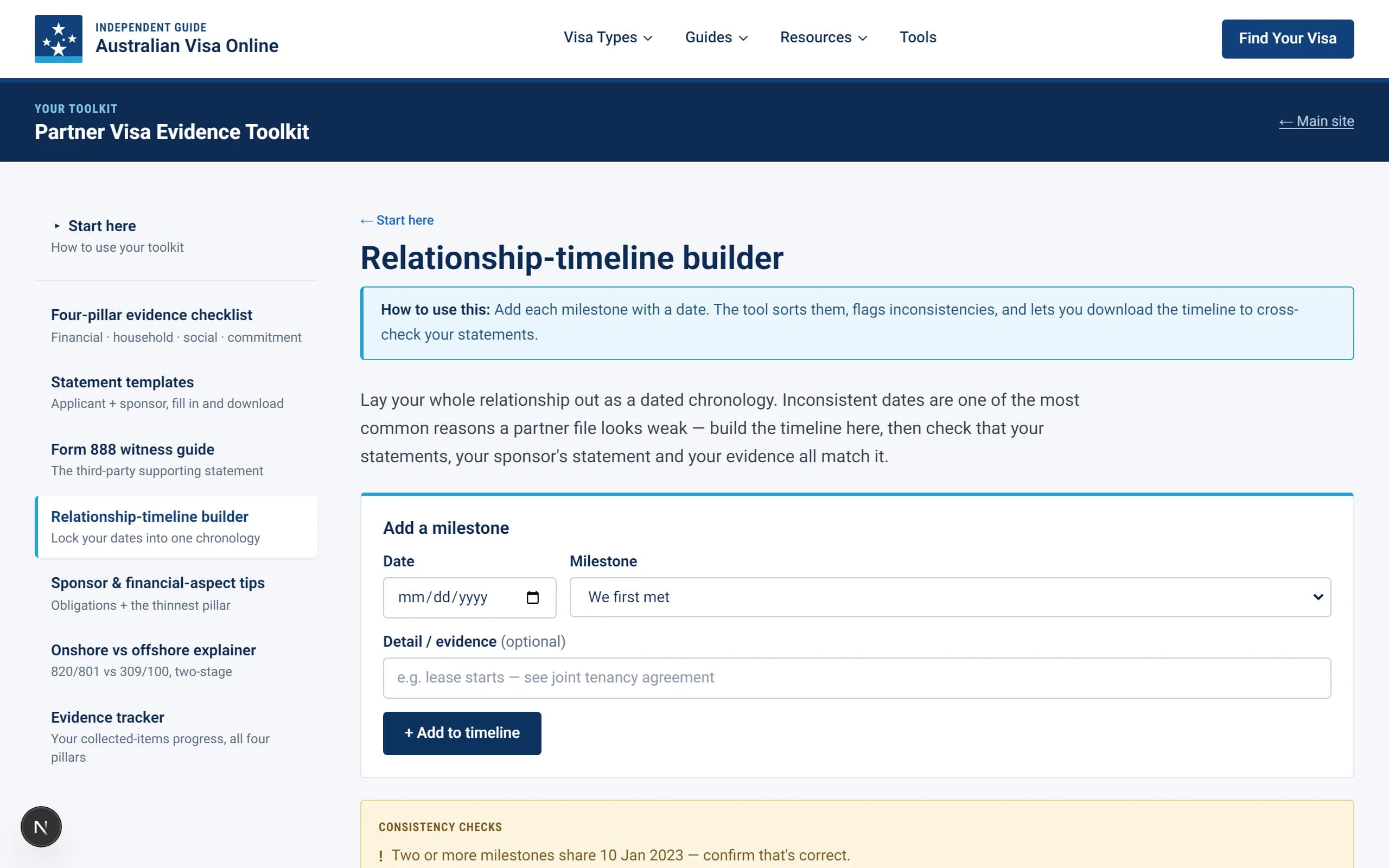 Actual screenshot of the relationship-timeline builder — dated milestones sorted into one chronology with a consistency-check flag showing.