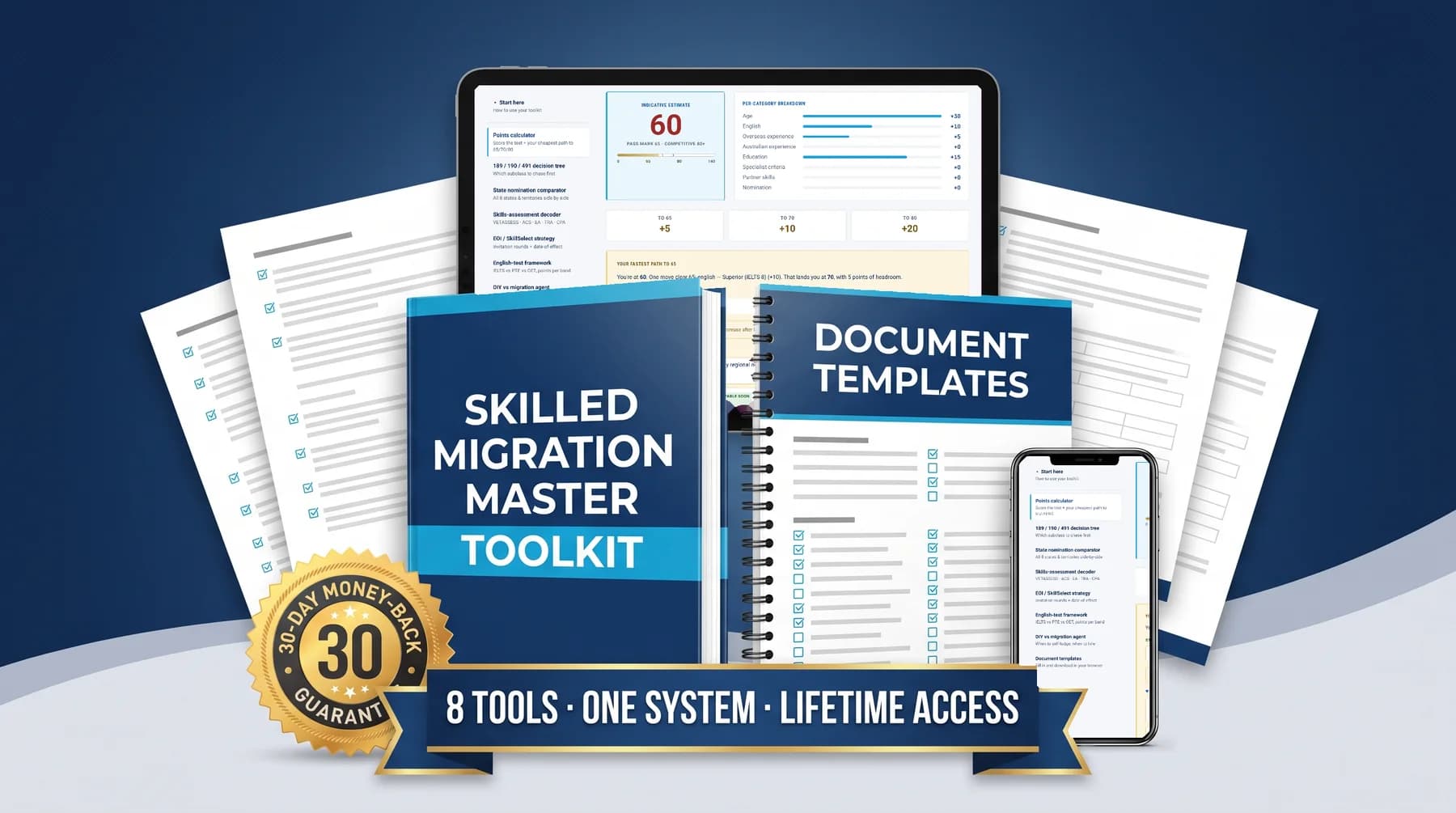 Everything in the Skilled Migration Master Toolkit: the points calculator and tool menu on real app screens, with the document templates and checklists included — shown as an illustrative bundle.