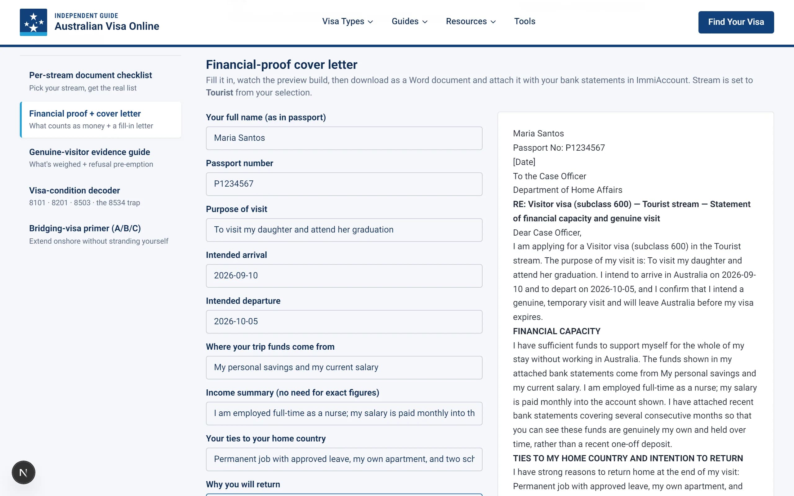 Actual screenshot of the toolkit's financial-proof cover-letter builder with a filled-in live preview.