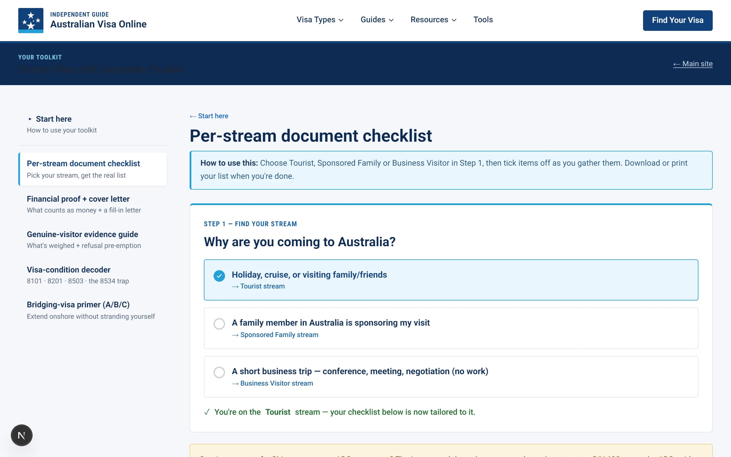 Actual screenshot of the toolkit: the stream selector set to Tourist, with the tailored document checklist below it.