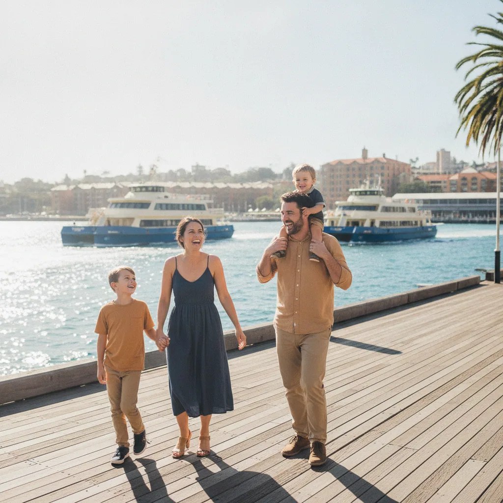 Family enjoying an Australian harbour foreshore with ferries