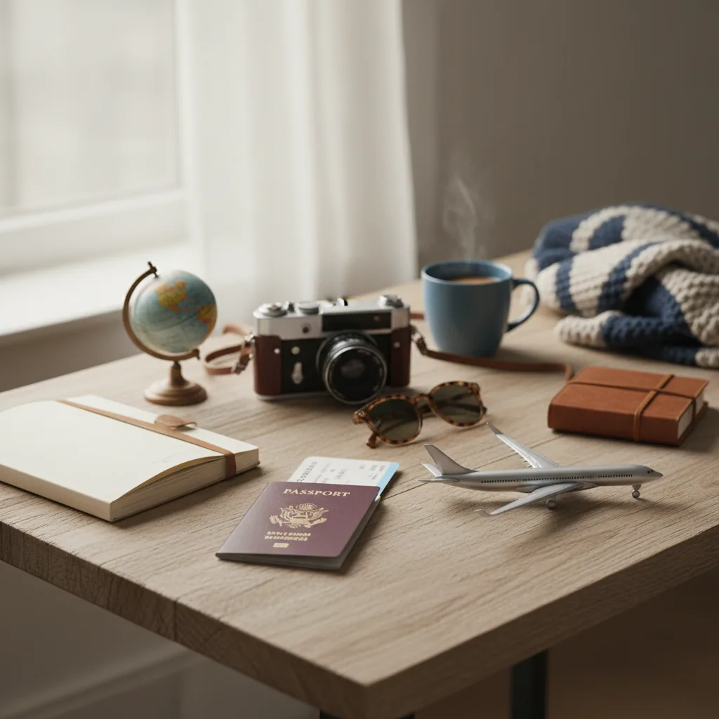 Trip-planning flat-lay with a passport, boarding pass, camera and model plane