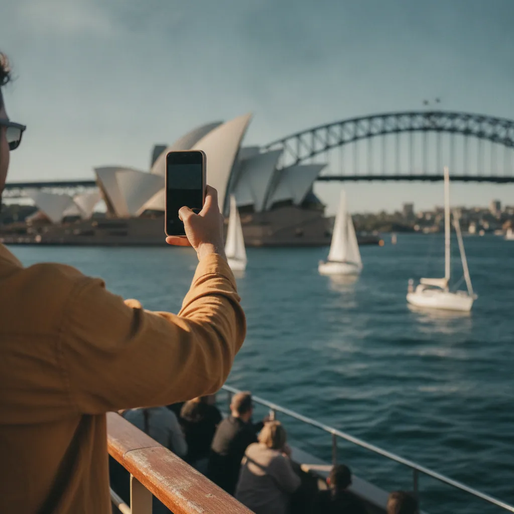 Tourist photographing Sydney Opera House and the Harbour Bridge from a ferry