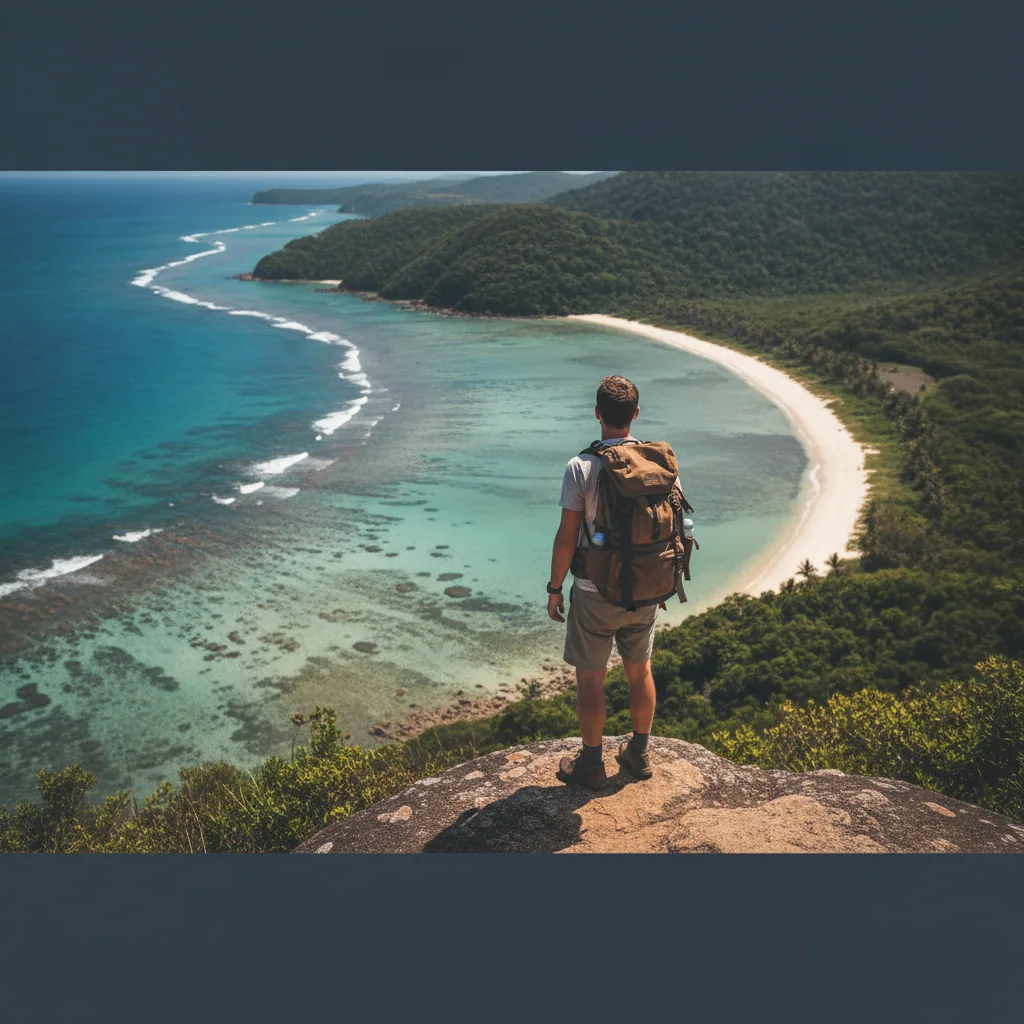 Backpacker at a lookout over a tropical Australian reef beach