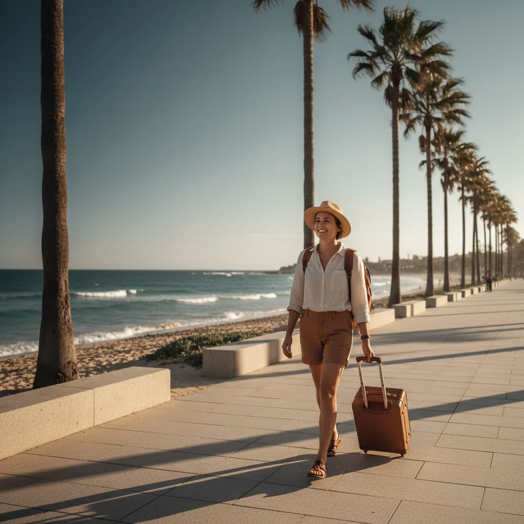 Traveller with luggage on a sunny Australian coastal promenade