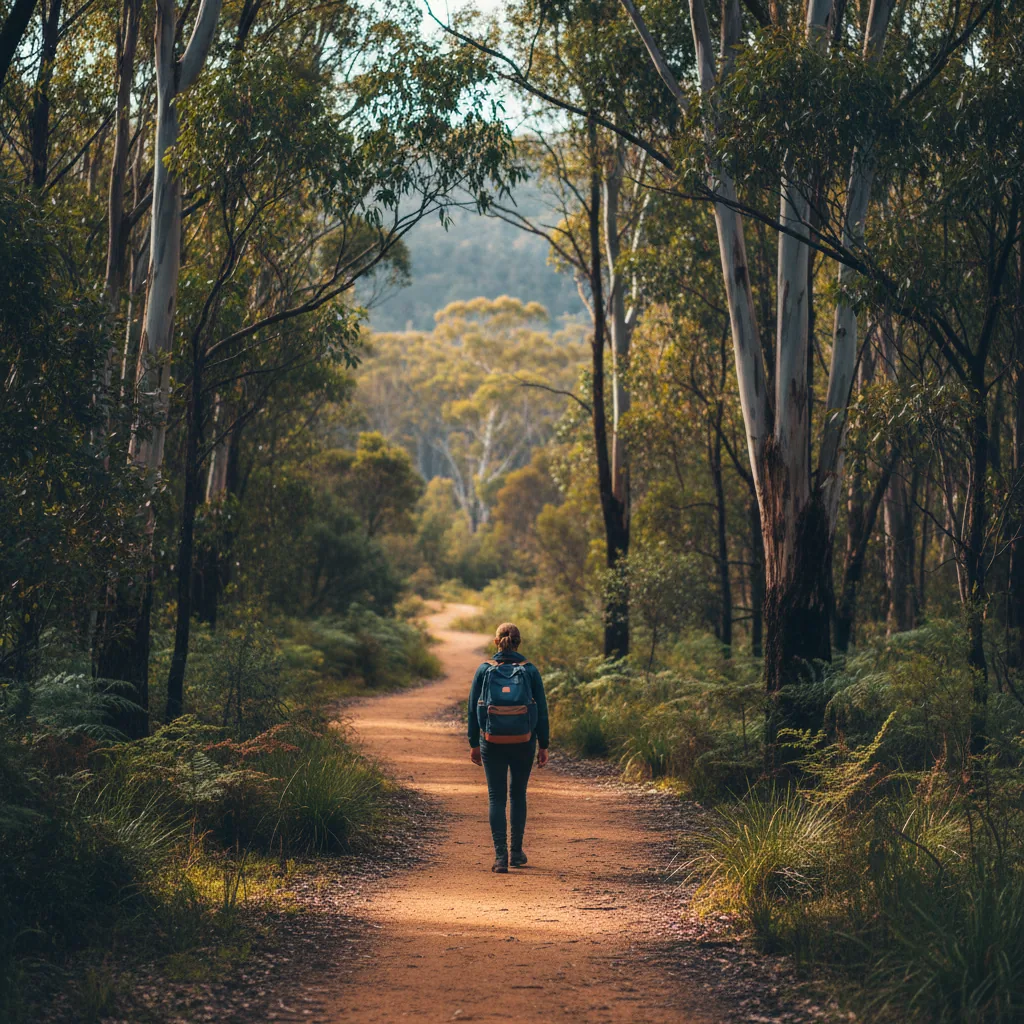 Hiker on a eucalyptus-forest trail in an Australian national park