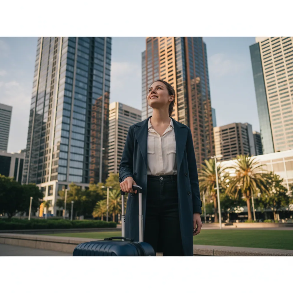 Traveller looking up at a modern Australian city skyline