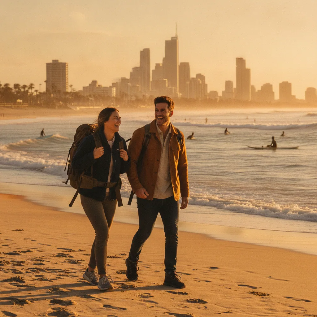 Friends with backpacks walking an Australian city beach at sunset