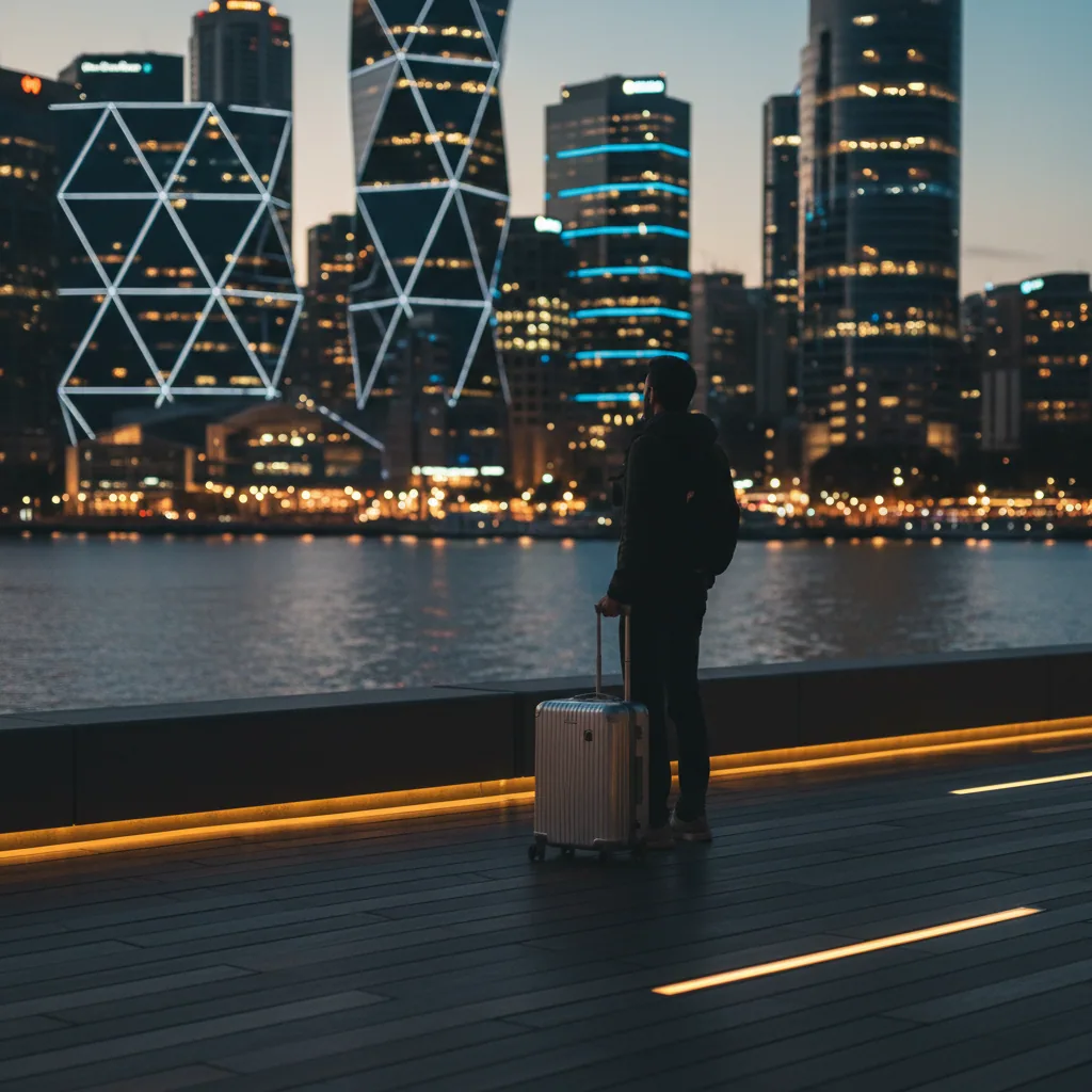 Traveller with a carry-on at an Australian city waterfront at dusk