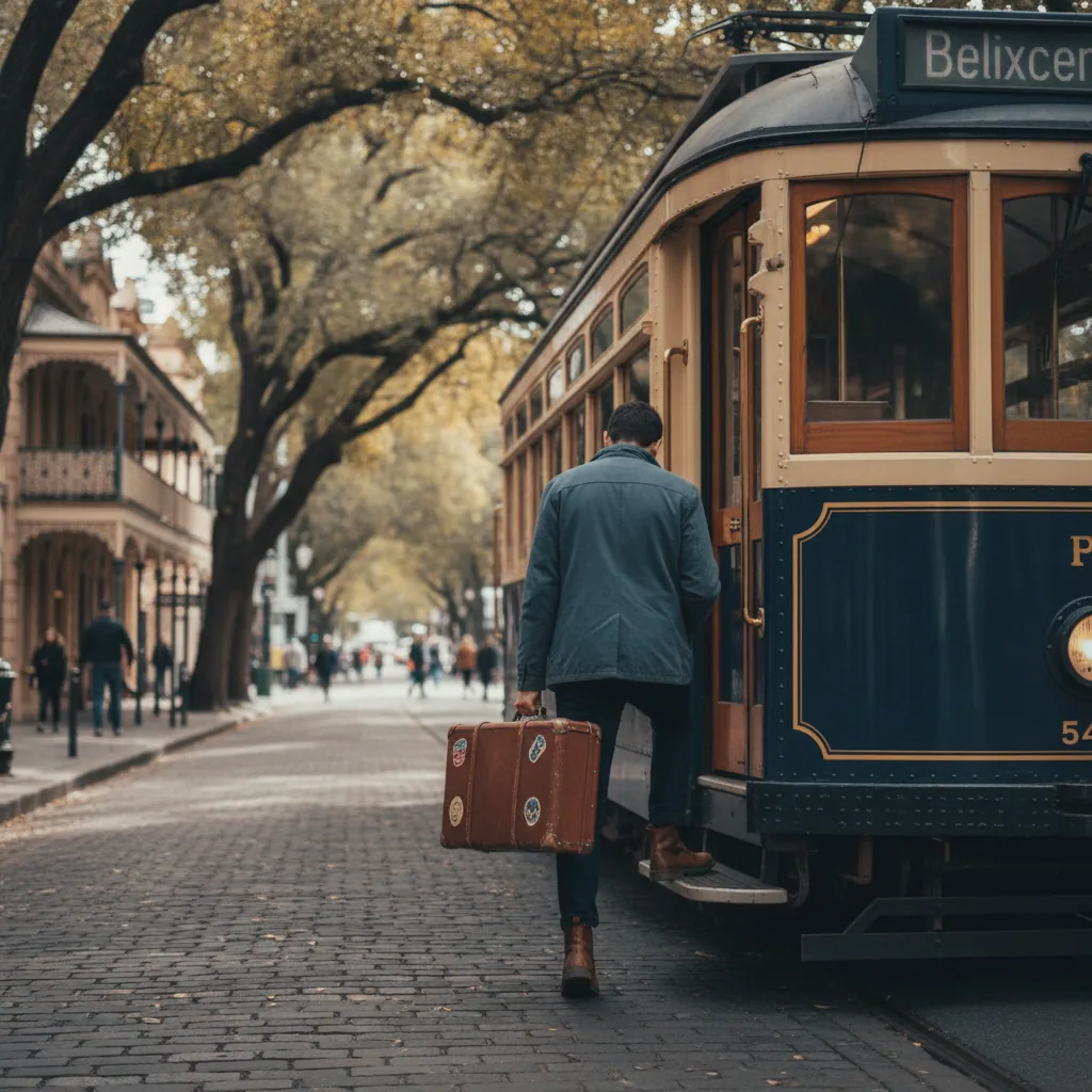 Traveller with a suitcase boarding a vintage Australian city tram