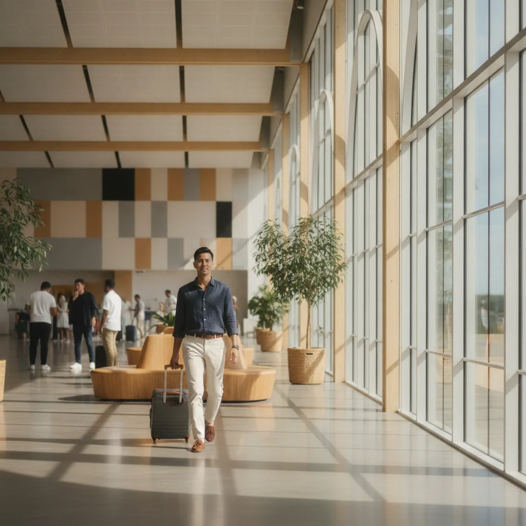 Traveller arriving with a suitcase at a bright Australian airport