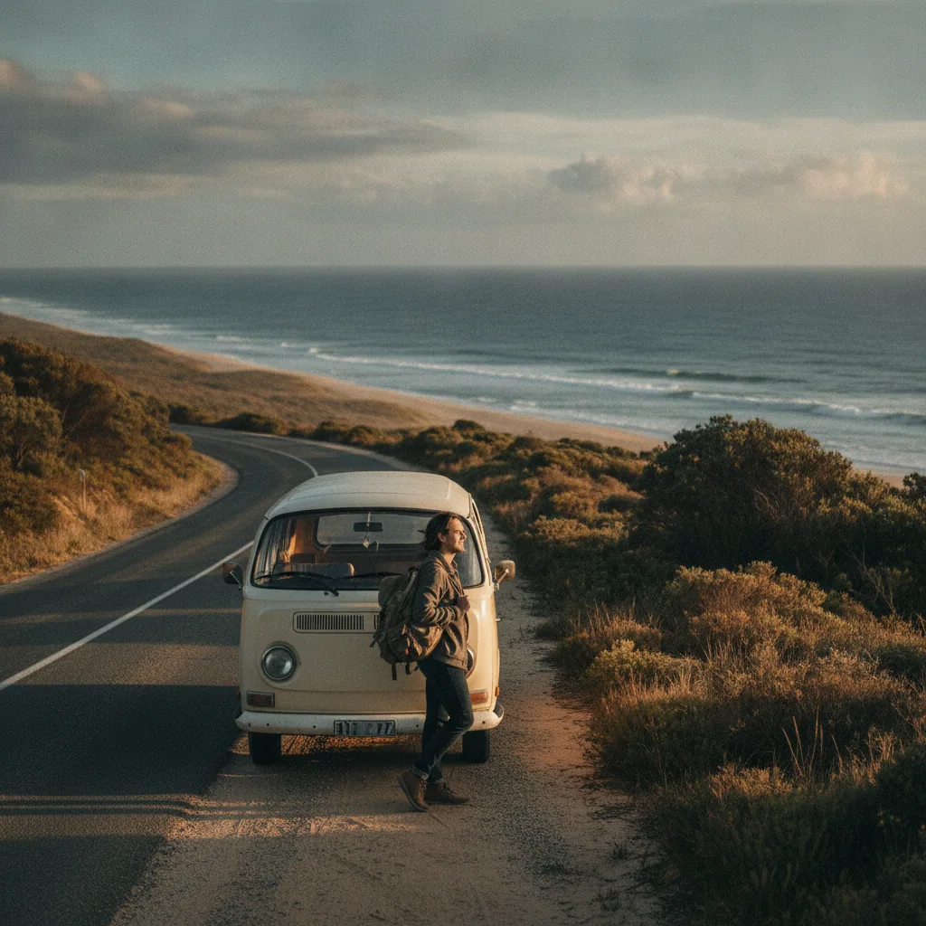 Traveller beside a campervan on an Australian coastal road