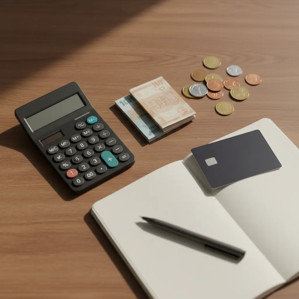 Calculator, notebook, cash and a card for budgeting visa costs