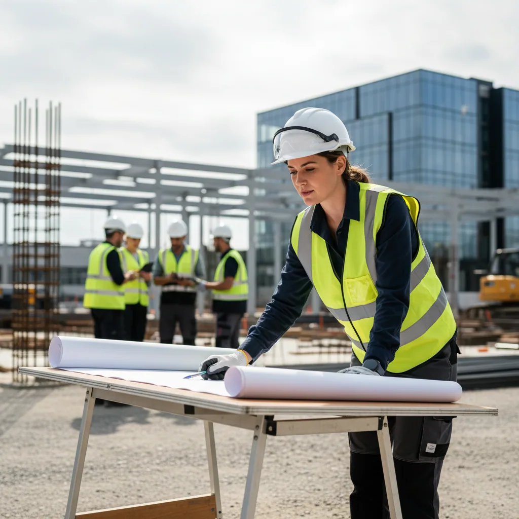 Skilled engineer in a hi-vis vest reviewing plans on a construction site