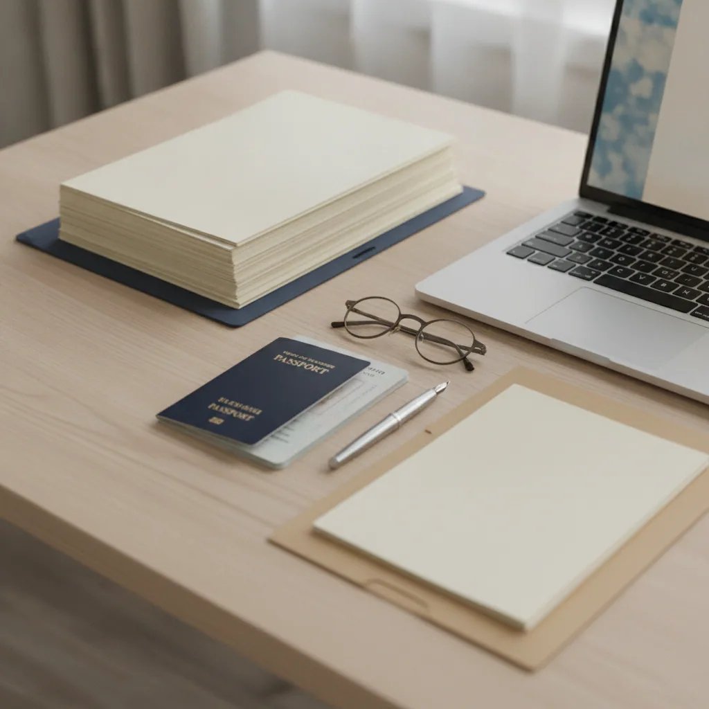 Australian passport, application forms and a laptop laid out on a desk