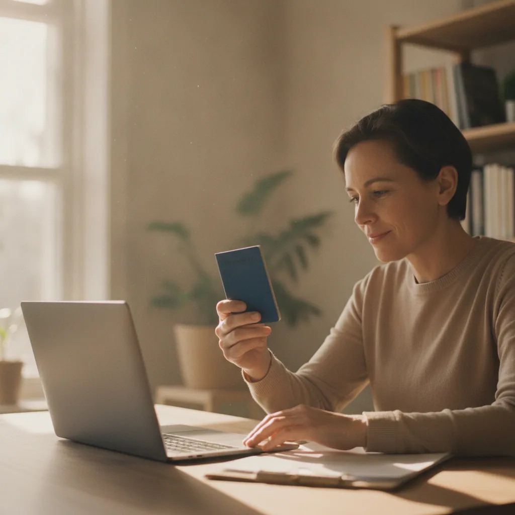 Applicant checking their visa application outcome on a laptop at home
