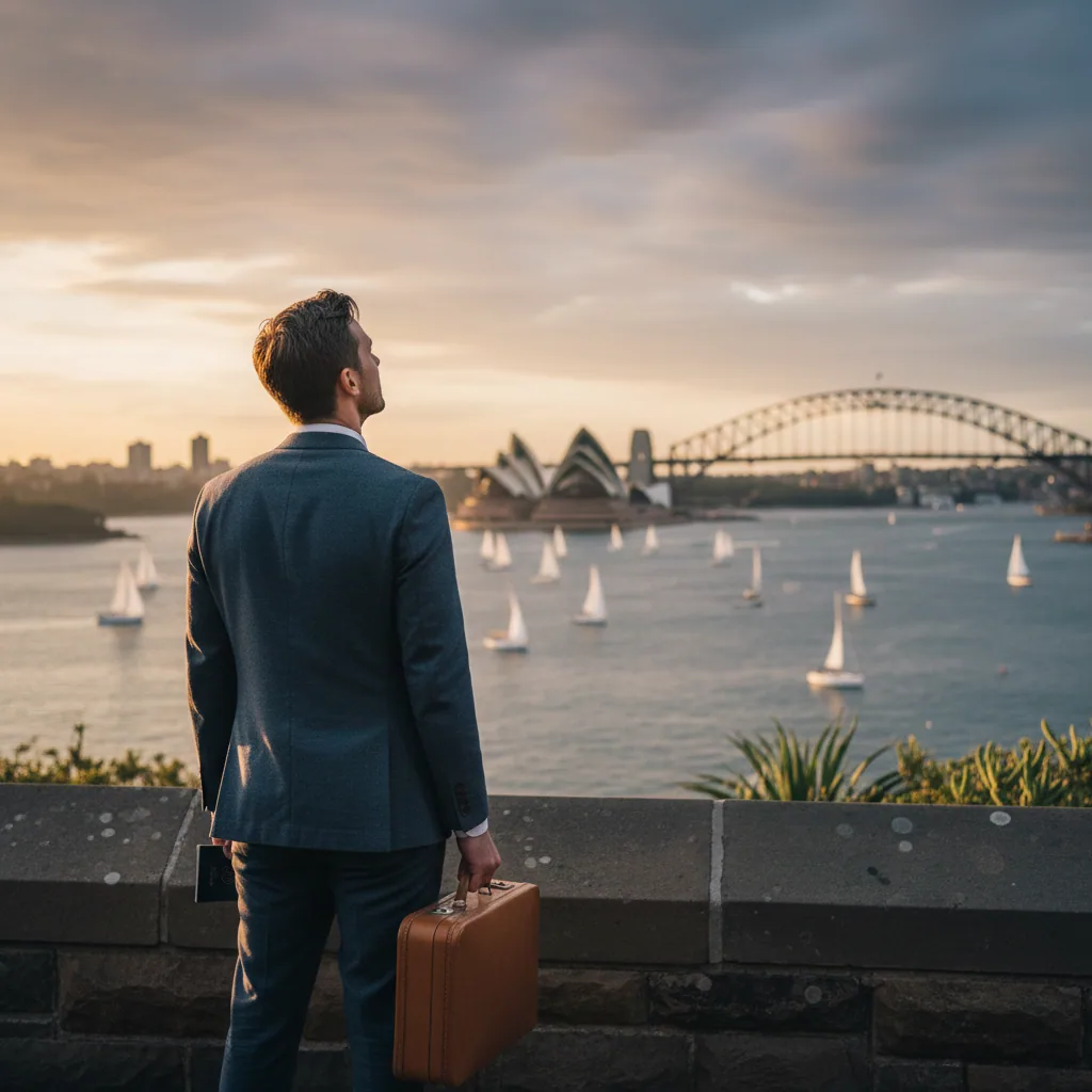 Traveller with a suitcase looking out over Sydney Harbour at sunset