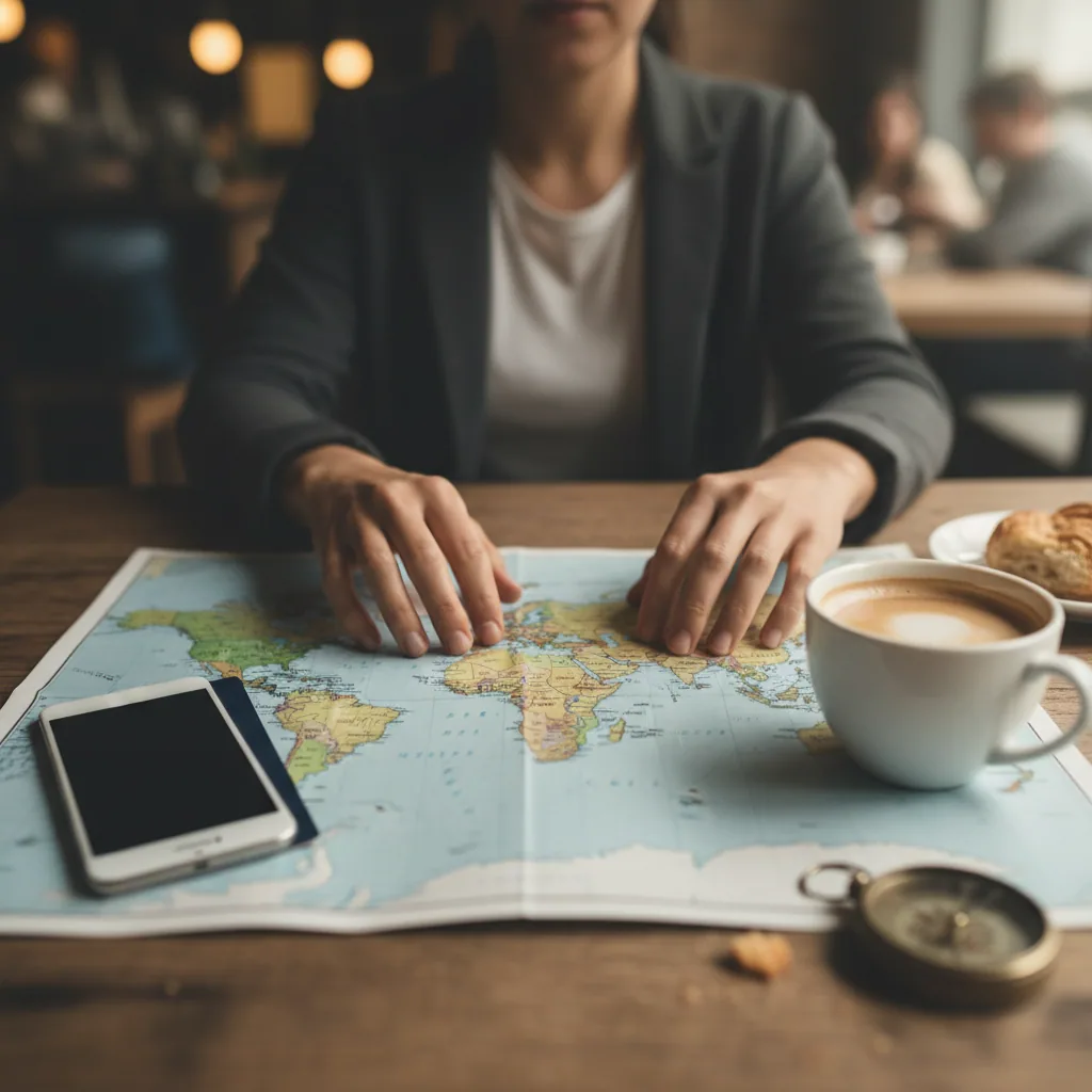 Planning an Australia trip with a world map, passport and coffee