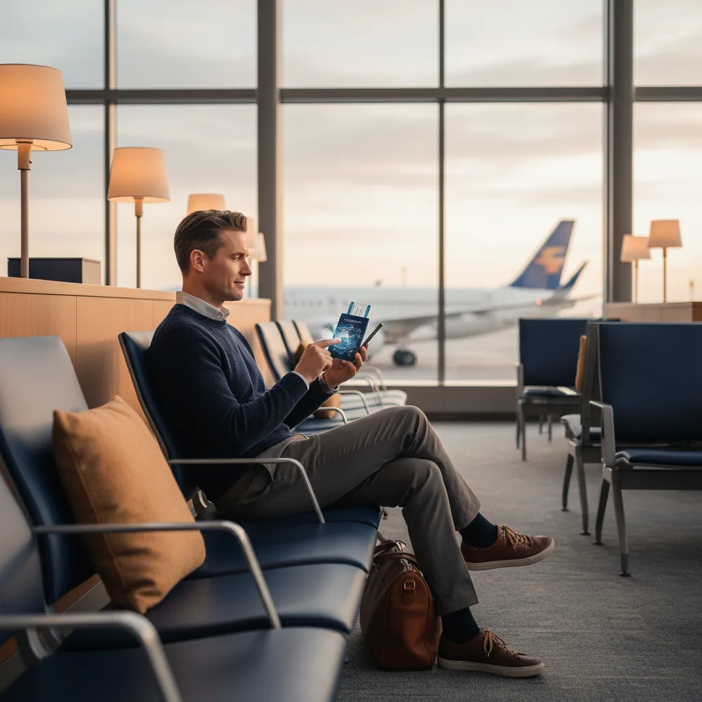 Traveller checking a smartphone at an airport departure lounge
